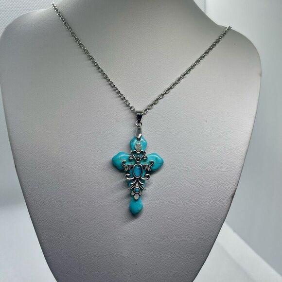 Turquoise Howlite Stone Cross Pendant Necklace Womens Casual Religious Jewelry - Picture 2 of 6